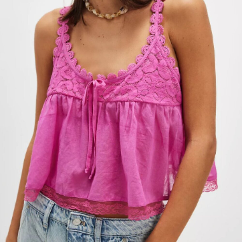 Free People LACE Tank Top size XL Hibiscus Pink NWT scoop babydoll cropped